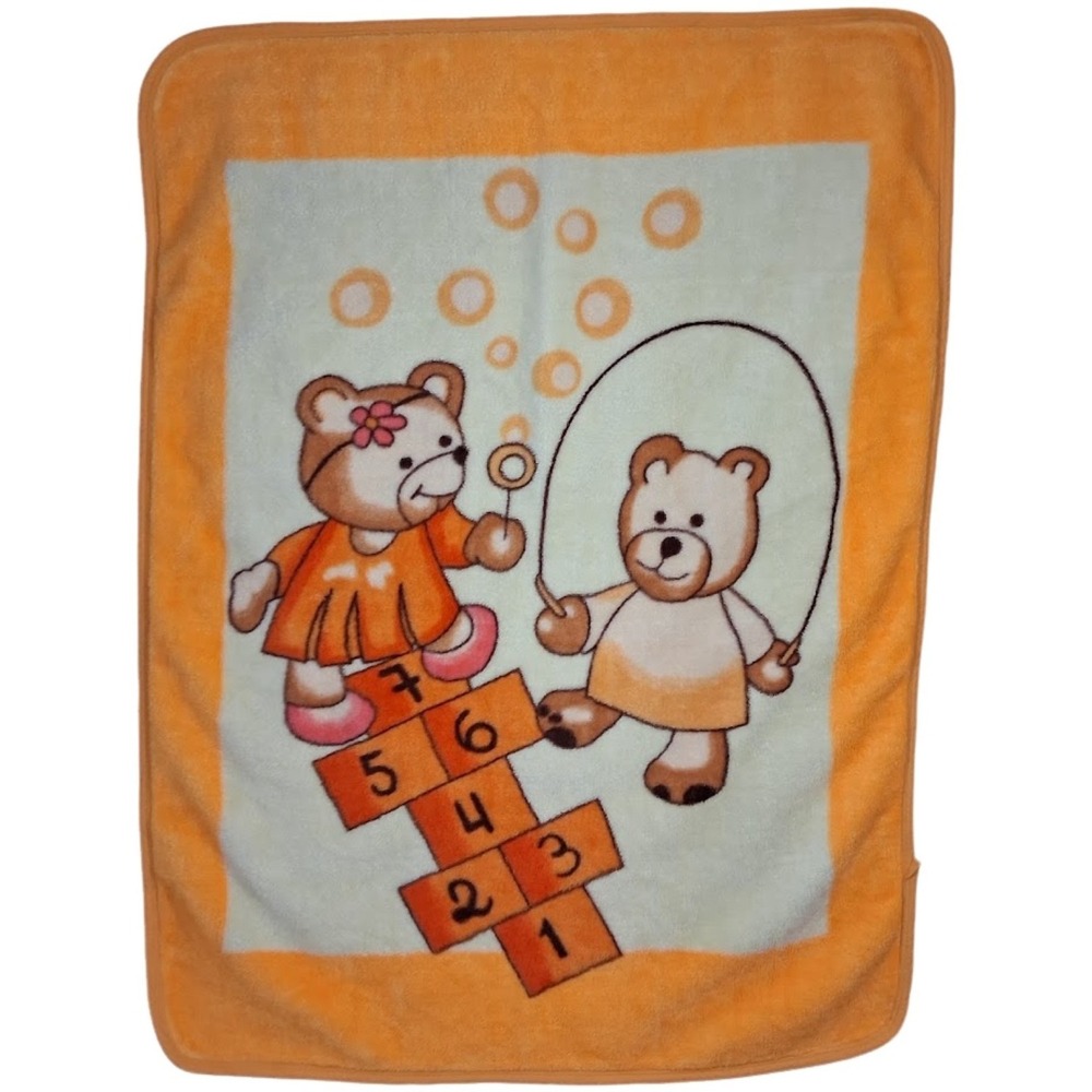 Playing Bears Fleece Orange Yellow Throw Blanket Hopscotch Jump Rope Bubbles BIG